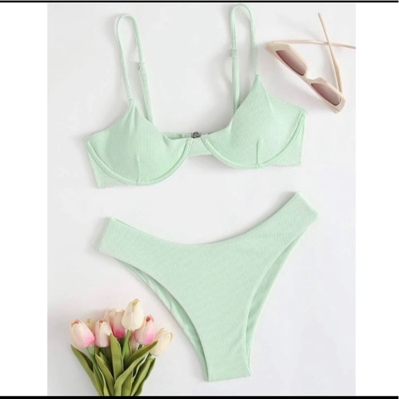 Shein Mint Green Ribbed Underwire High Leg Bikini - Picture 1 of 5